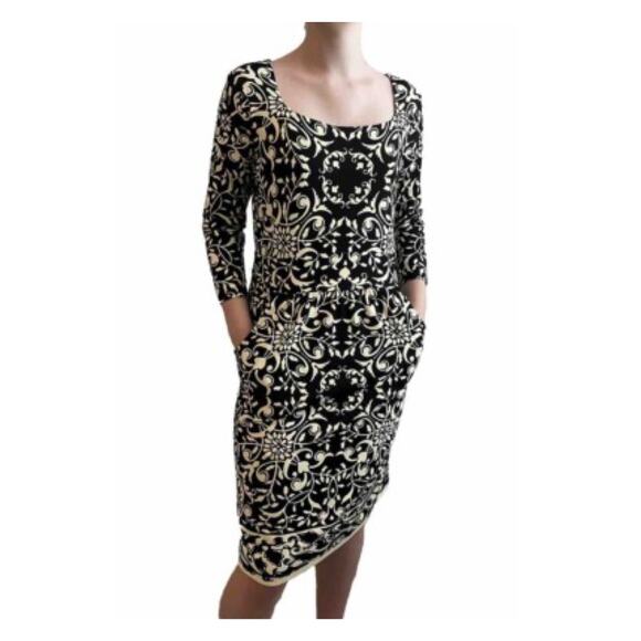 J.McLaughlin Black&Cream Print Emma Pocket Catalina Cloth Midi Dress Sz.S - Picture 1 of 11